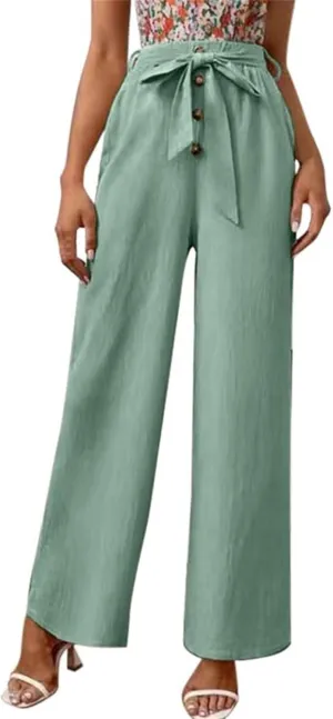 YOLAI Womens Button Down Cotton Linen Pant High Waist Casual Business Work Trousers Summer Lightweight Wide Leg Trousers