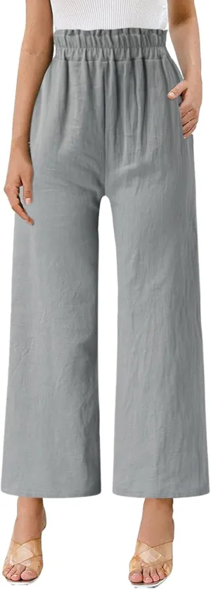 YOLAI Women's Solid Cotton Linen Casual Pants Solid Color Wide Leg Trouser High Waist Business Work Trousers
