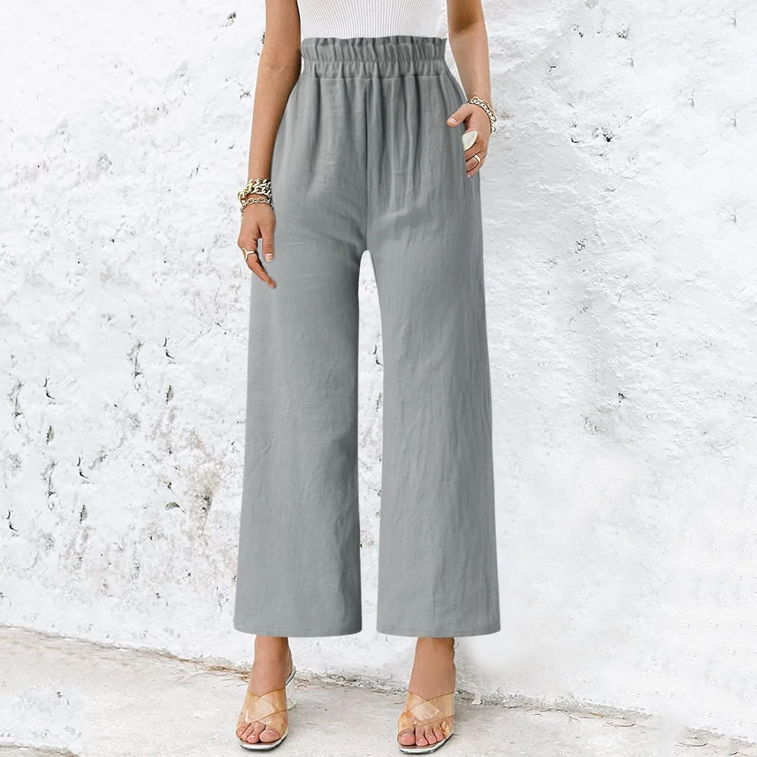 YOLAI Women's Solid Cotton Linen Casual Pants Solid Color Wide Leg Trouser High Waist Business Work Trousers