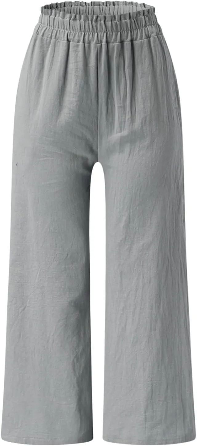 YOLAI Women's Solid Cotton Linen Casual Pants Solid Color Wide Leg Trouser High Waist Business Work Trousers