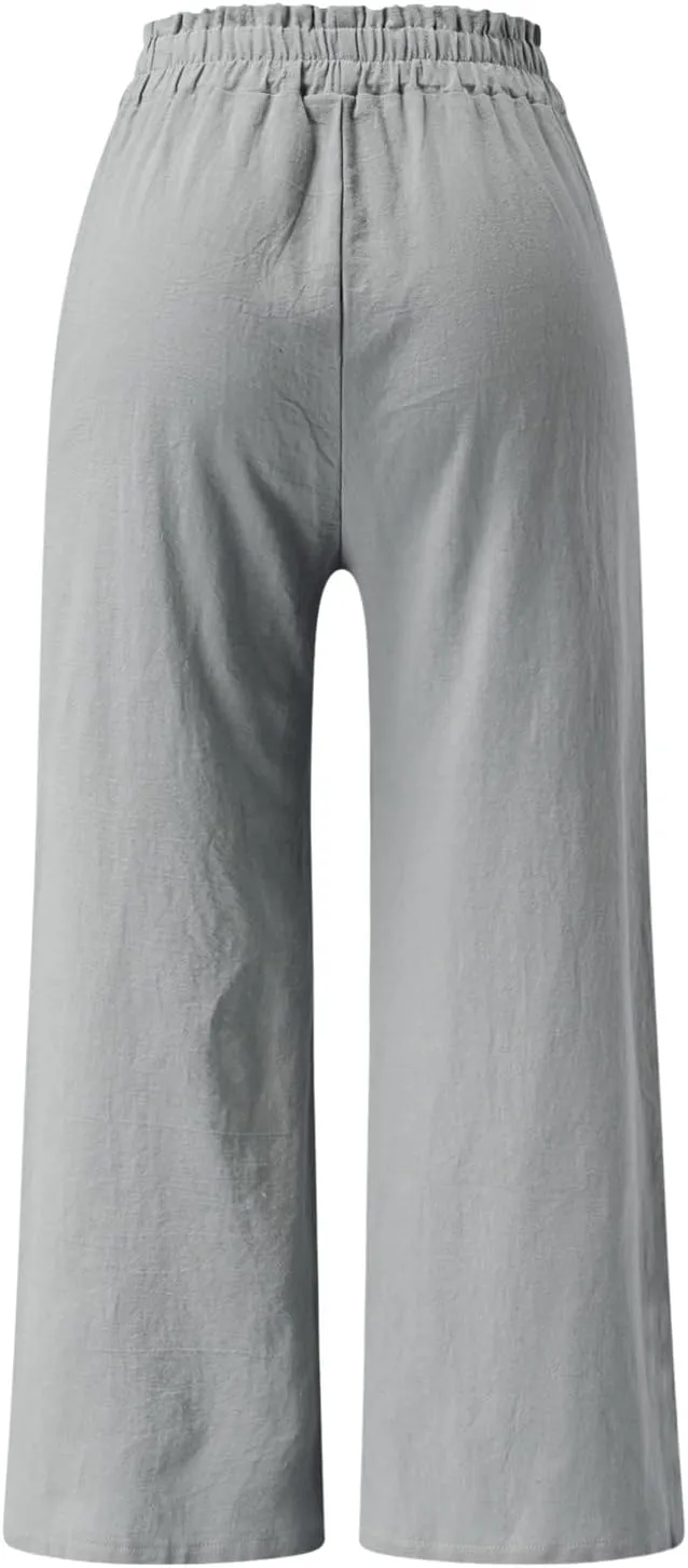 YOLAI Women's Solid Cotton Linen Casual Pants Solid Color Wide Leg Trouser High Waist Business Work Trousers