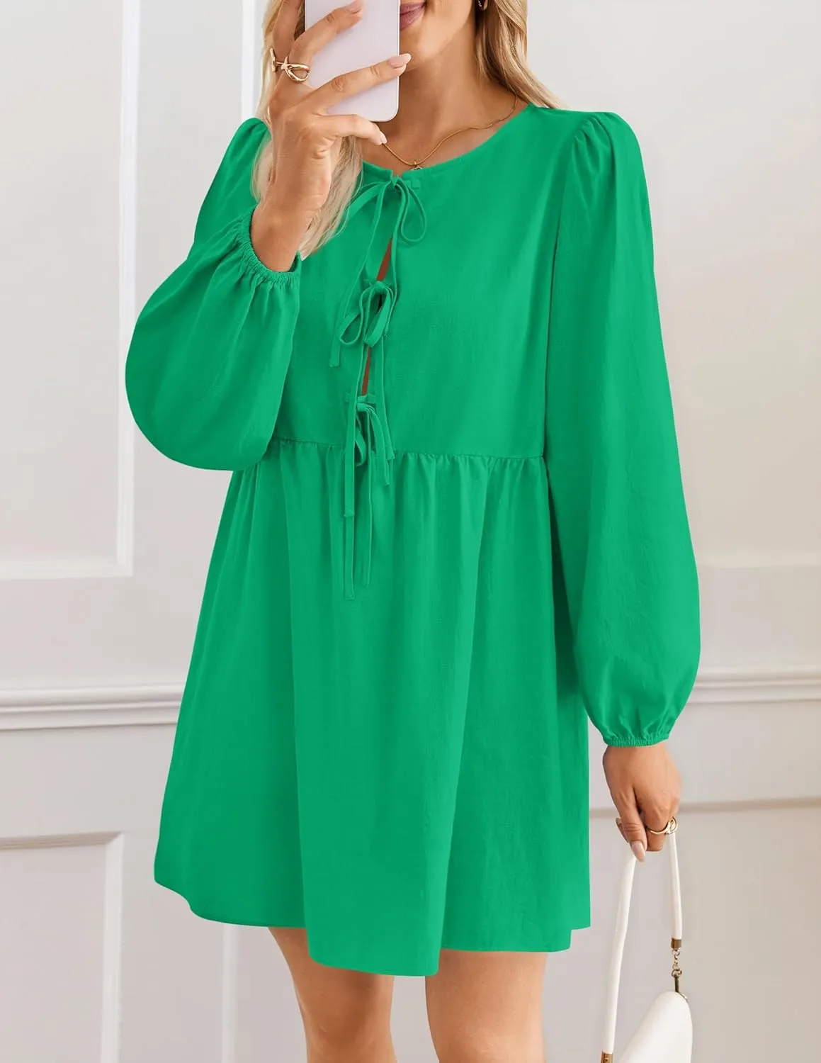 ZESICA Women's Dress Fall Long Puff Sleeve Self Tie Front Babydoll A Line Pleated Cute Mini Tunic Dresses 2025