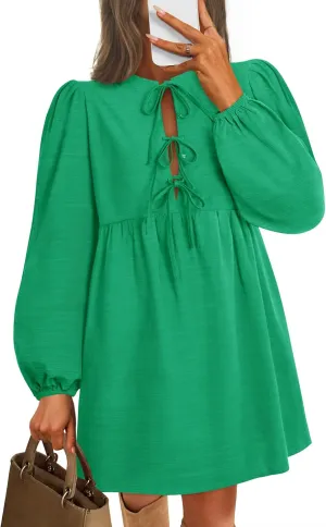 ZESICA Women's Dress Fall Long Puff Sleeve Self Tie Front Babydoll A Line Pleated Cute Mini Tunic Dresses 2025