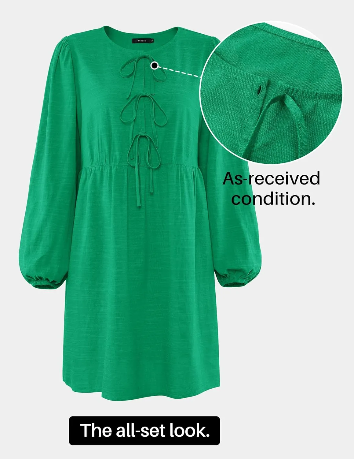 ZESICA Women's Dress Fall Long Puff Sleeve Self Tie Front Babydoll A Line Pleated Cute Mini Tunic Dresses 2025