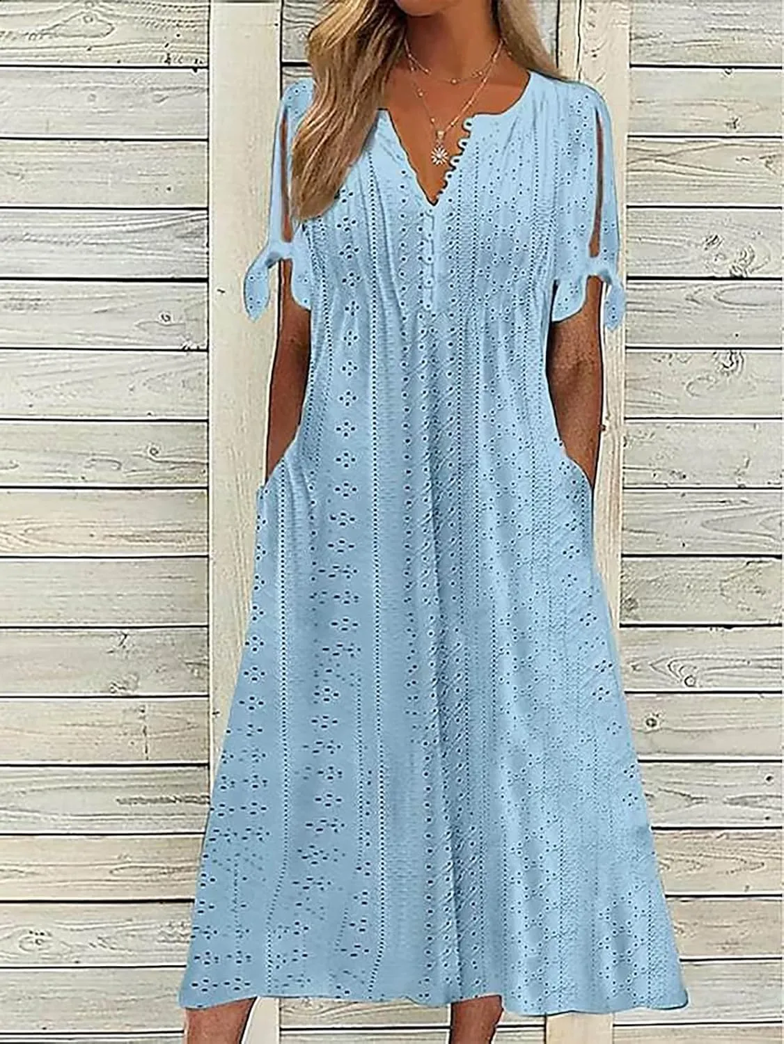 ZOCAVIA Women's Boho Eyelet Midi Dress Embroidery Lace V Neck Button Tie Knot Short Sleeve Beach Dresses with Pockets