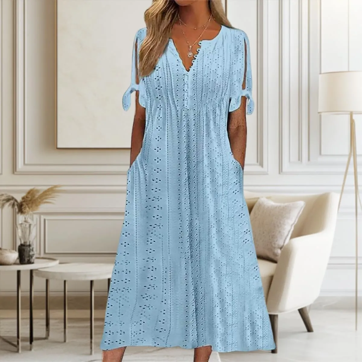 ZOCAVIA Women's Boho Eyelet Midi Dress Embroidery Lace V Neck Button Tie Knot Short Sleeve Beach Dresses with Pockets