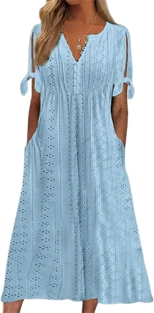 ZOCAVIA Women's Boho Eyelet Midi Dress Embroidery Lace V Neck Button Tie Knot Short Sleeve Beach Dresses with Pockets