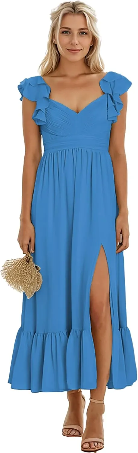 Zoghoo Chiffon Bridesmaid Dresses for Wedding V Neck Long Formal Dress with Slit Ruffle Evening Party Gown