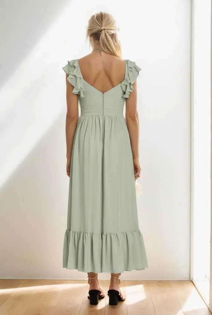 Zoghoo Chiffon Bridesmaid Dresses for Wedding V Neck Long Formal Dress with Slit Ruffle Evening Party Gown