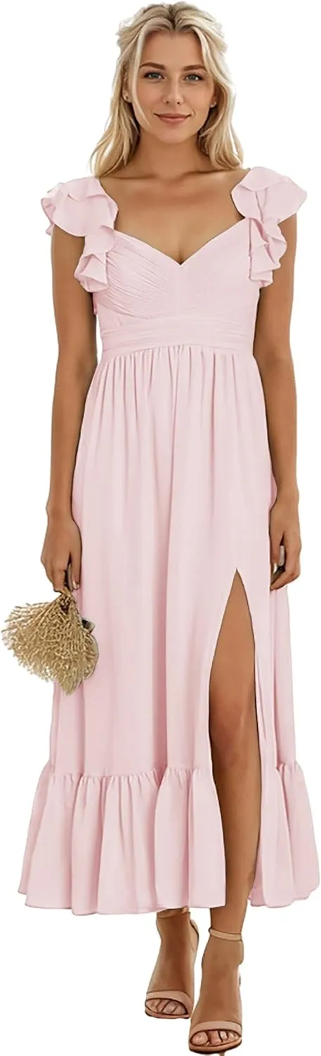 Zoghoo Chiffon Bridesmaid Dresses for Wedding V Neck Long Formal Dress with Slit Ruffle Evening Party Gown