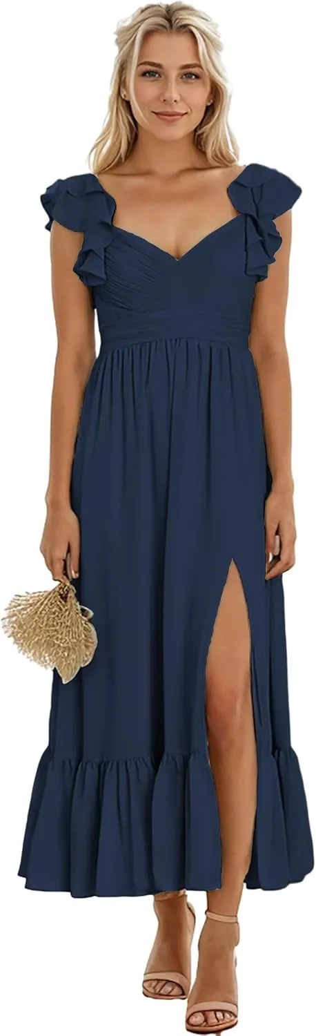 Zoghoo Chiffon Bridesmaid Dresses for Wedding V Neck Long Formal Dress with Slit Ruffle Evening Party Gown