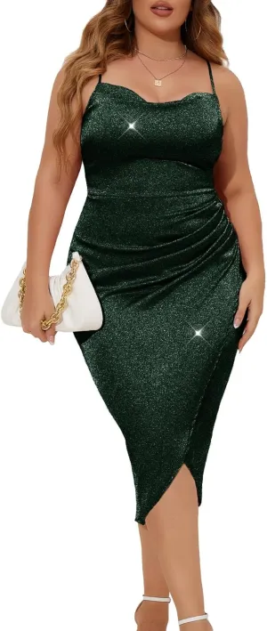ZOMVA Plus Size Sparkle Formal Dress Bodycon Glitter Spaghetti Strap Midi Dress Wedding Guest Party Club Homecoming Cocktail