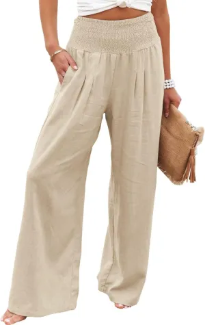 ZWRXW Summer Pants for Women 2024 Linen Palazzo Pants Summer Boho Wide Leg High Waist Pant Flowy Beach Casual Lounge Trousers