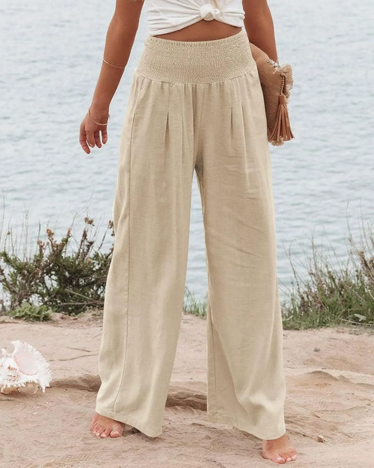 ZWRXW Summer Pants for Women 2024 Linen Palazzo Pants Summer Boho Wide Leg High Waist Pant Flowy Beach Casual Lounge Trousers