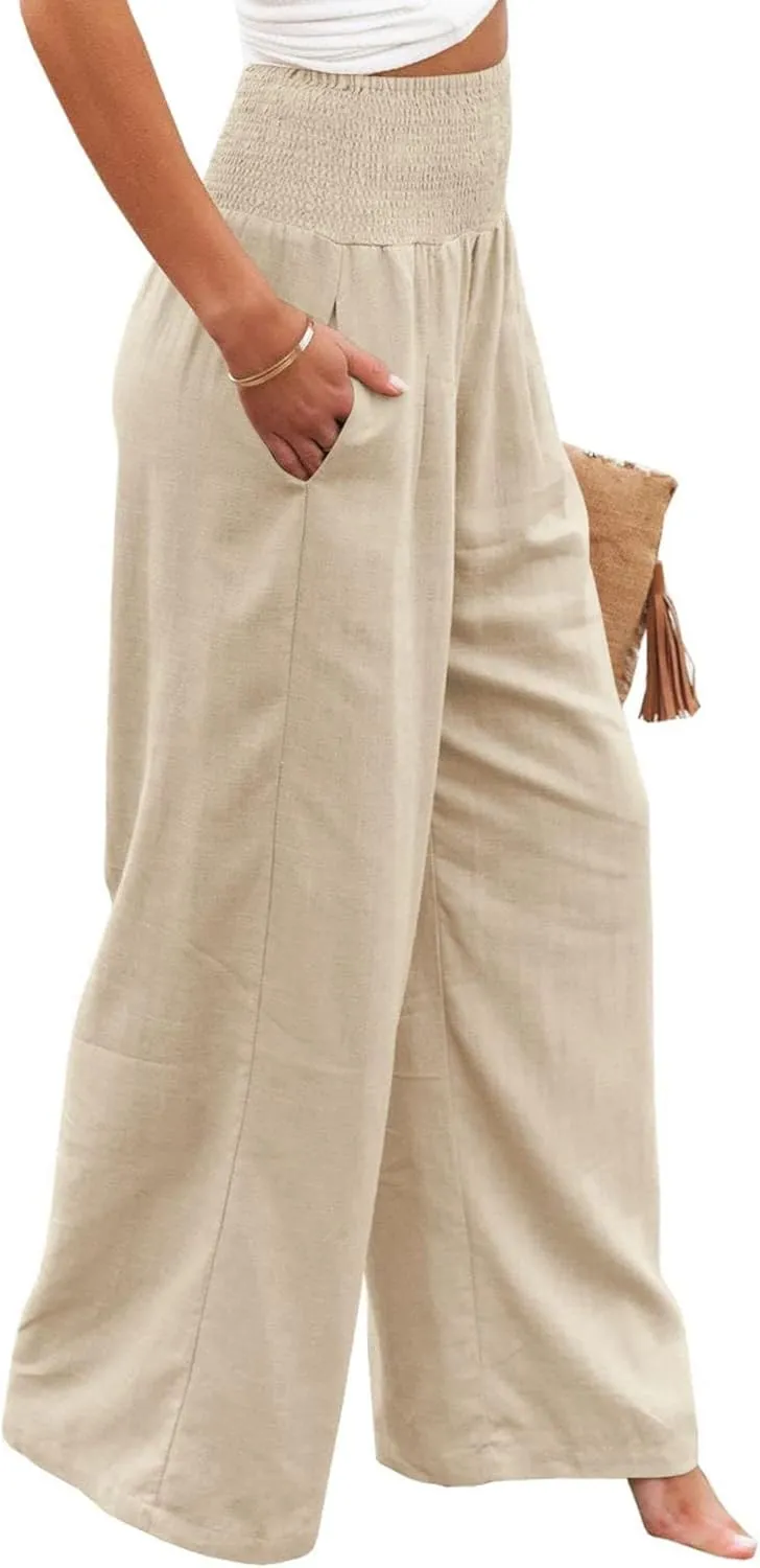 ZWRXW Summer Pants for Women 2024 Linen Palazzo Pants Summer Boho Wide Leg High Waist Pant Flowy Beach Casual Lounge Trousers