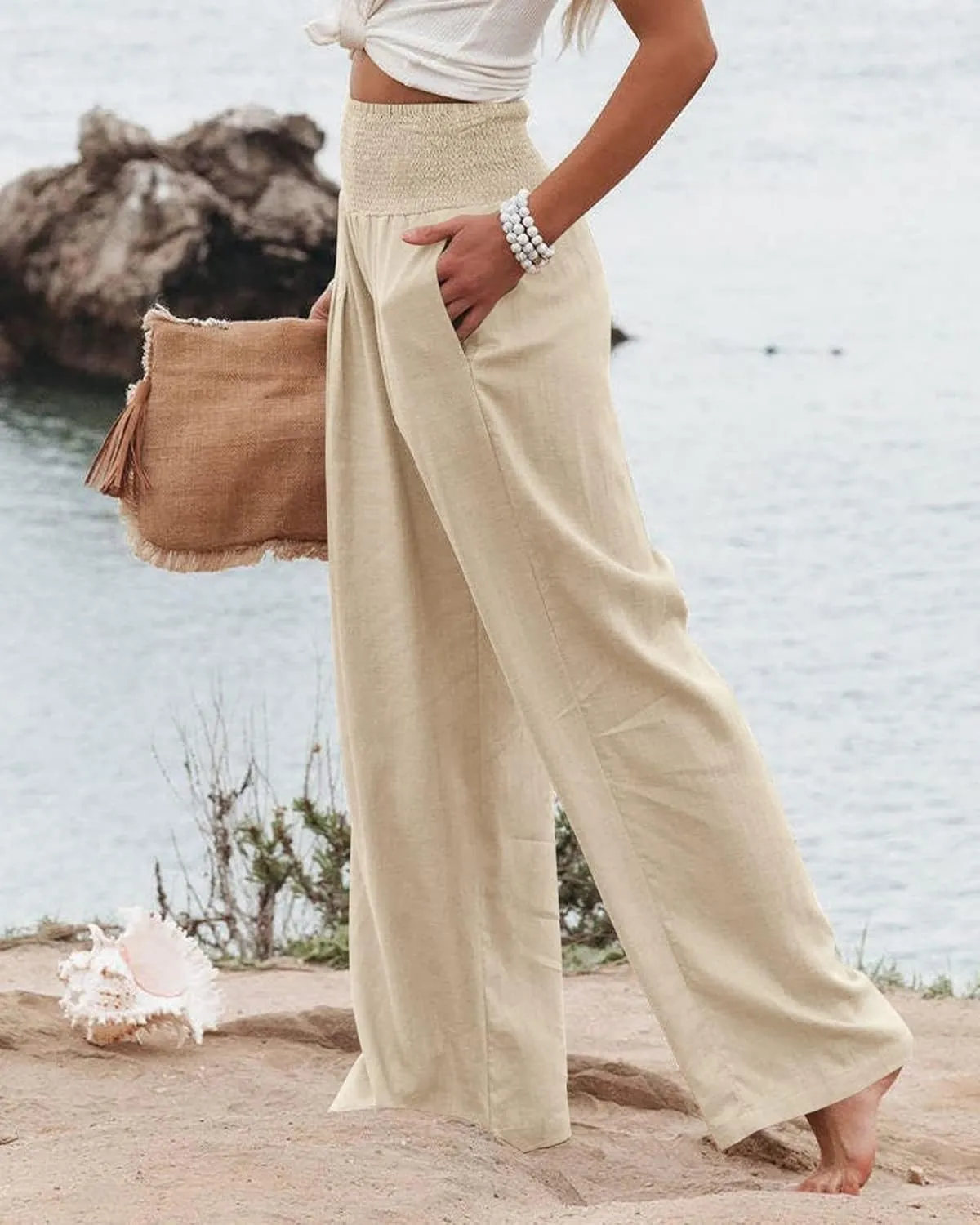 ZWRXW Summer Pants for Women 2024 Linen Palazzo Pants Summer Boho Wide Leg High Waist Pant Flowy Beach Casual Lounge Trousers