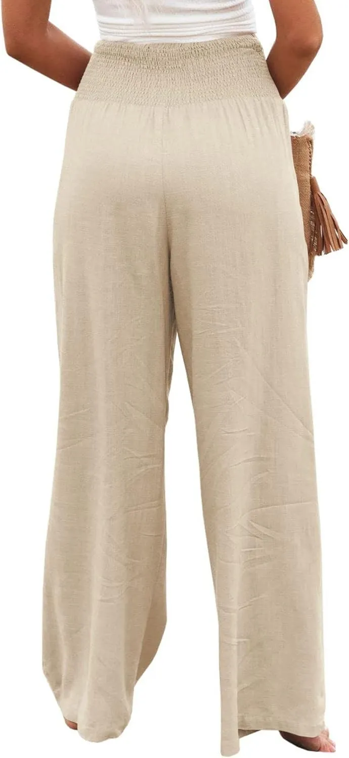 ZWRXW Summer Pants for Women 2024 Linen Palazzo Pants Summer Boho Wide Leg High Waist Pant Flowy Beach Casual Lounge Trousers