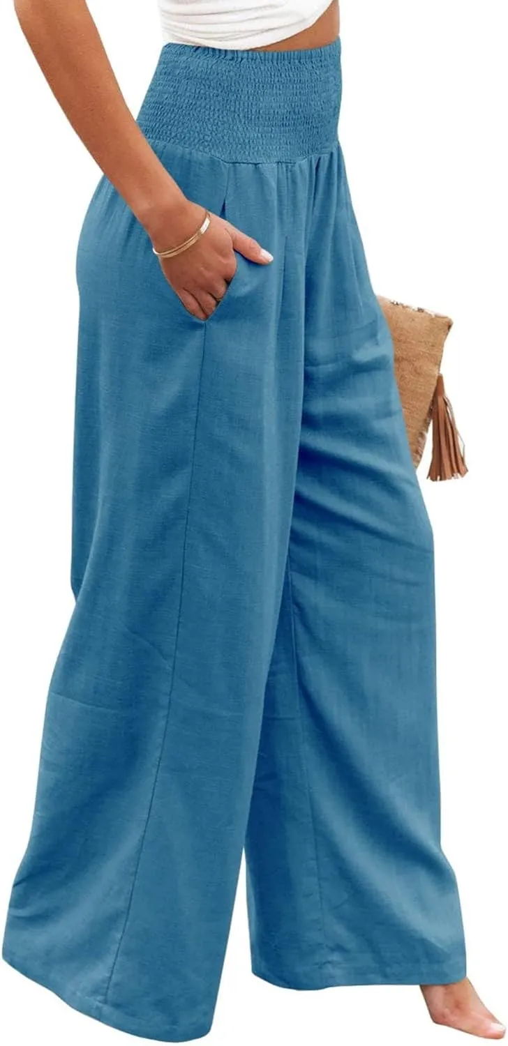 ZWRXW Women's Linen Pants Summer Flowy Palazzo Wide Leg Pants Beach High Waisted Trousers Boho Long Lounge Pants with Pockets