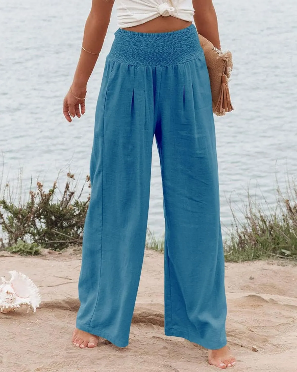 ZWRXW Womens Linen Wide Leg Pants High Waisted Palazzo Lounge Pant 2024 Summer Beach Work Boho Casual Trousers with Pockets