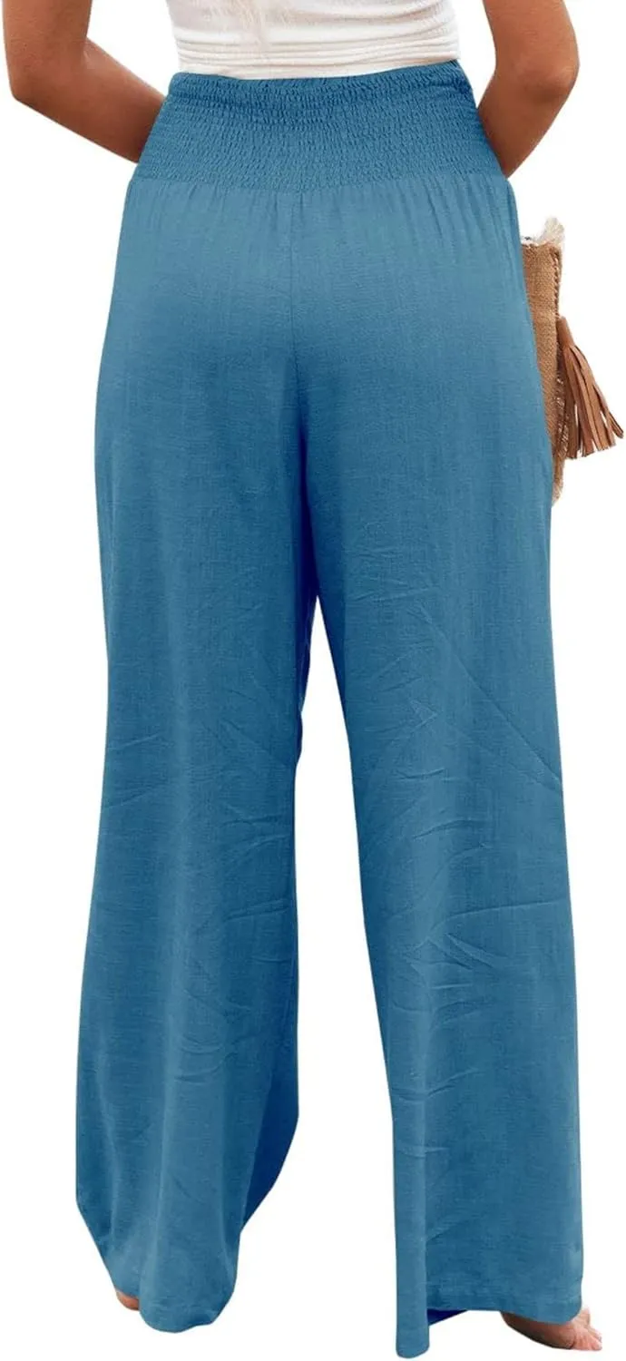 ZWRXW Womens Linen Wide Leg Pants High Waisted Palazzo Lounge Pant 2024 Summer Beach Work Boho Casual Trousers with Pockets