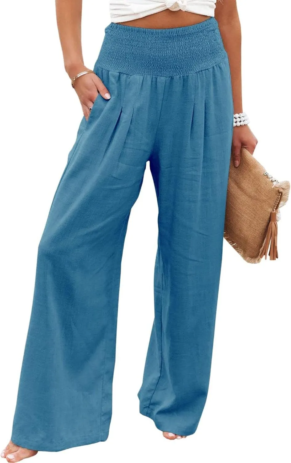 ZWRXW Womens Linen Wide Leg Pants High Waisted Palazzo Lounge Pant 2024 Summer Beach Work Boho Casual Trousers with Pockets
