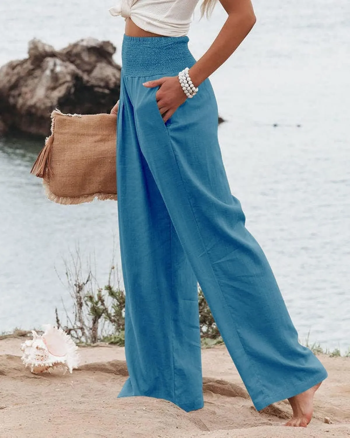 ZWRXW Womens Linen Wide Leg Pants High Waisted Palazzo Lounge Pant 2024 Summer Beach Work Boho Casual Trousers with Pockets