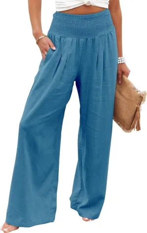 ZWRXW Womens Linen Wide Leg Pants High Waisted Palazzo Lounge Pant 2024 Summer Beach Work Boho Casual Trousers with Pockets